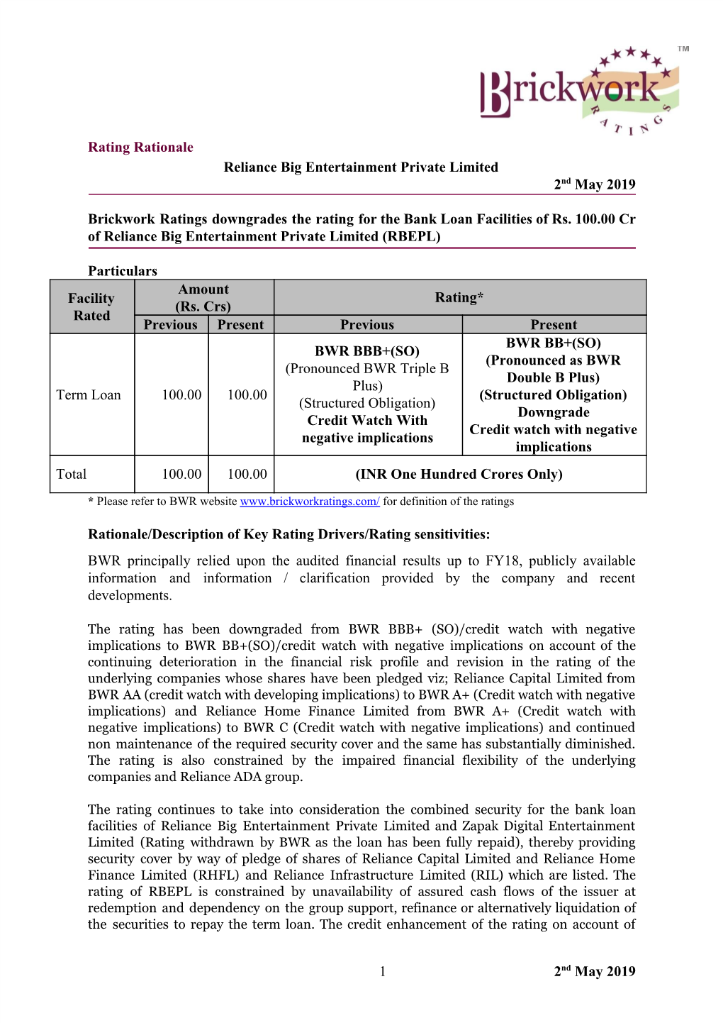 Rating Rationale Reliance Big Entertainment Private Limited 2​Nd