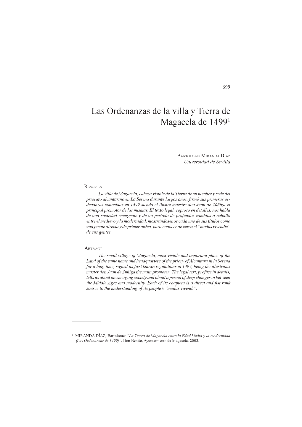 Las Ordenanzas De La Villa Y Tierra De Magacela De 14991