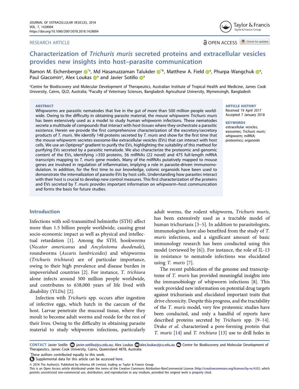 Characterization of Trichuris Muris Secreted Proteins and Extracellular Vesicles Provides New Insights Into Host–Parasite Communication Ramon M