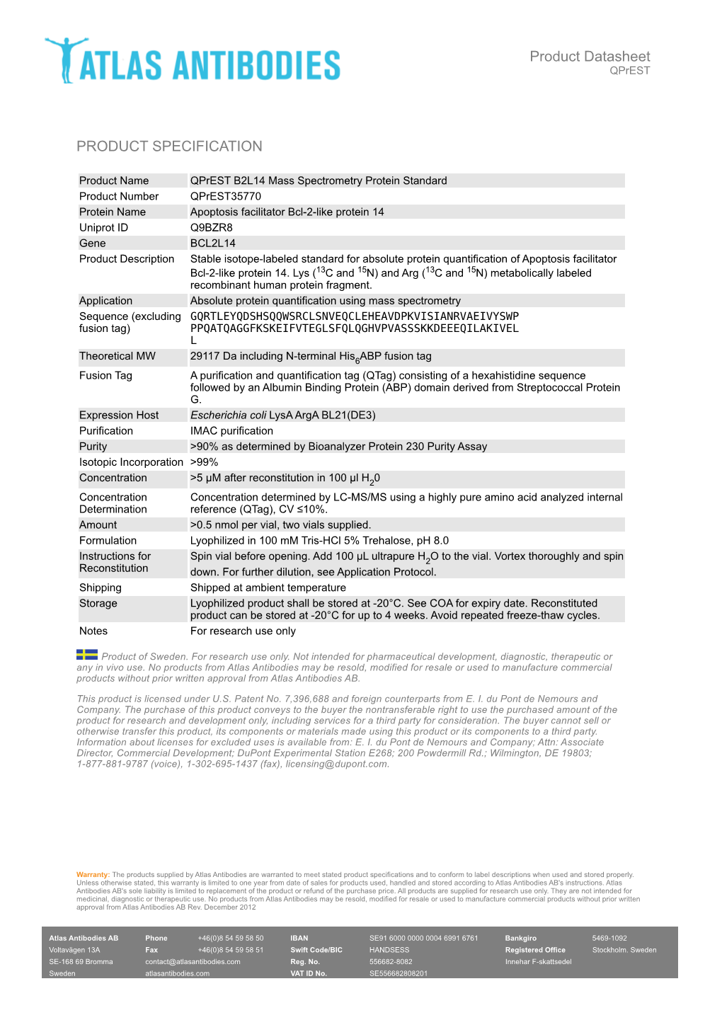 PRODUCT SPECIFICATION Product Datasheet