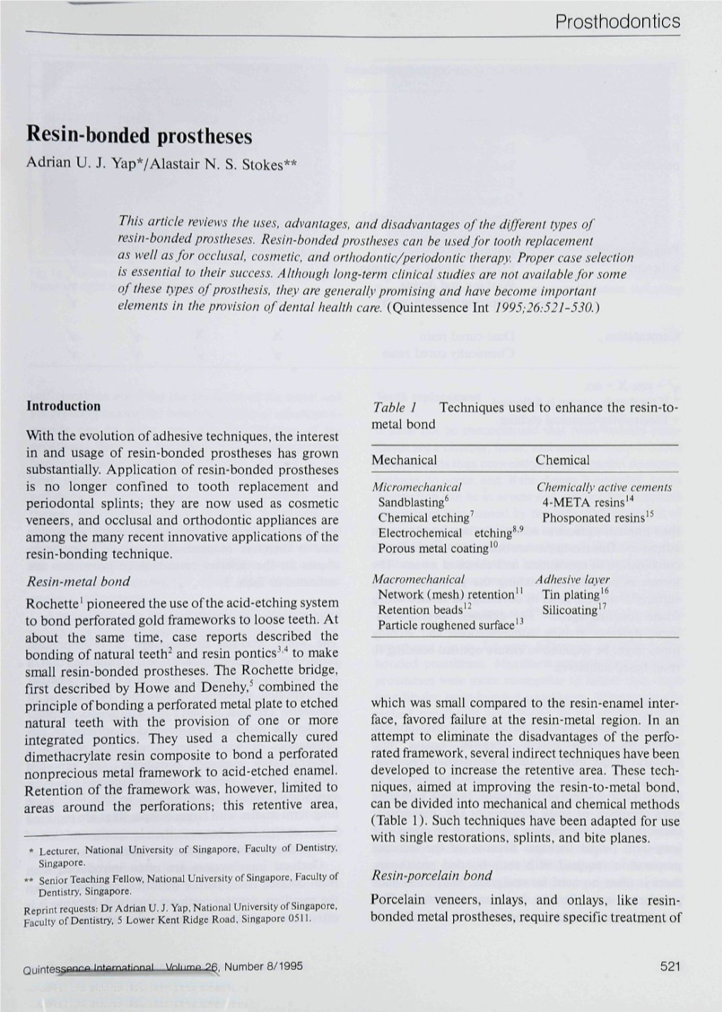 Resin-Bonded Prostheses Adrian U