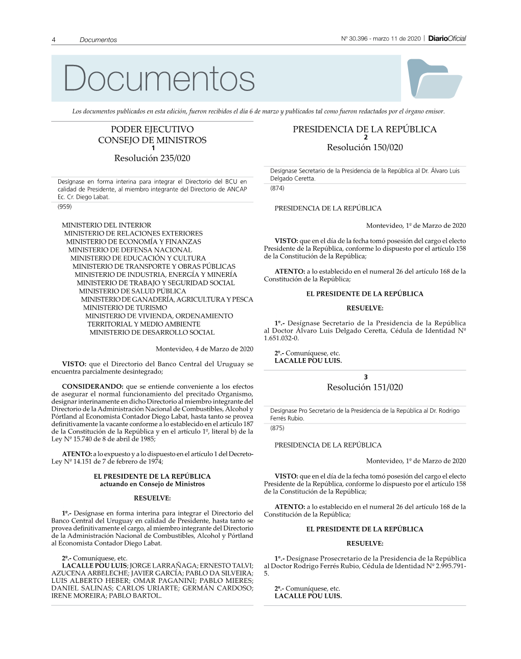 PODER EJECUTIVO CONSEJO DE MINISTROS Resolución 235/020