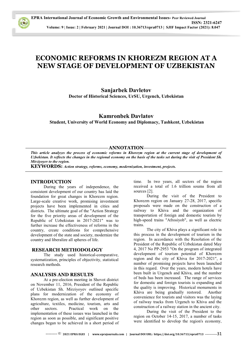 Economic Reforms in Khorezm Region at a New Stage of Development of Uzbekistan