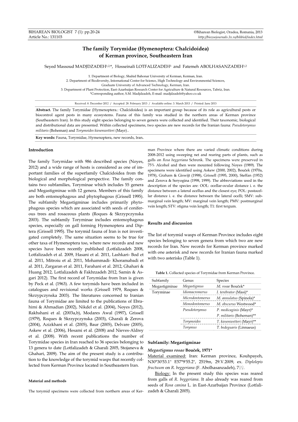 The Family Torymidae (Hymenoptera: Chalcidoidea) of Kerman Province, Southeastern Iran