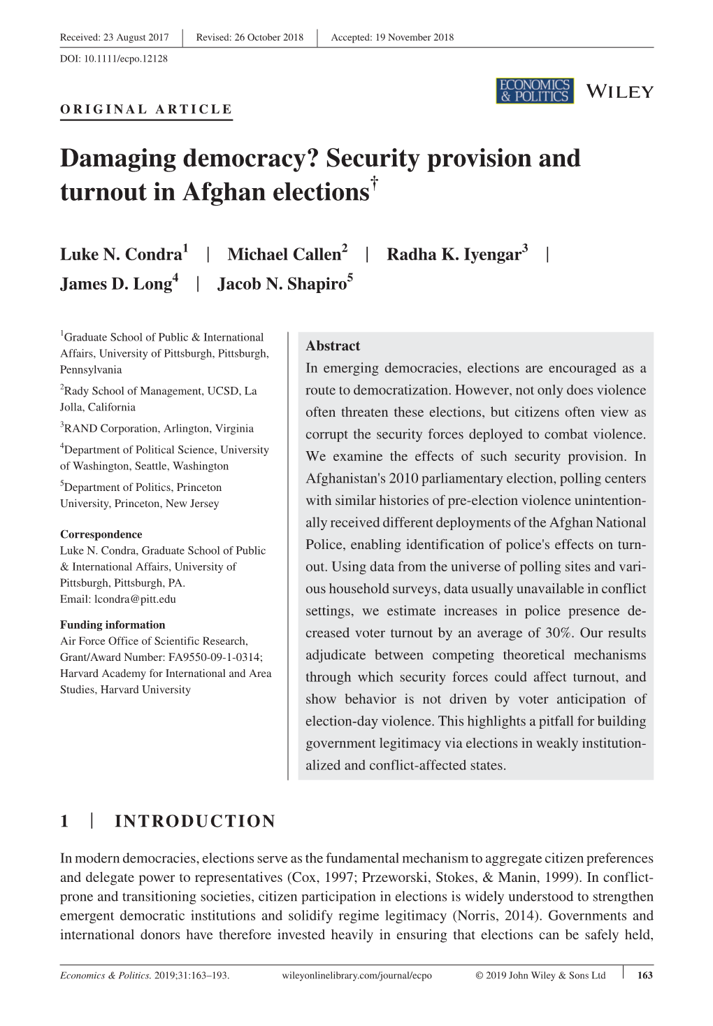 Damaging Democracy? Security Provision and Turnout in Afghan Elections&#X2020;
