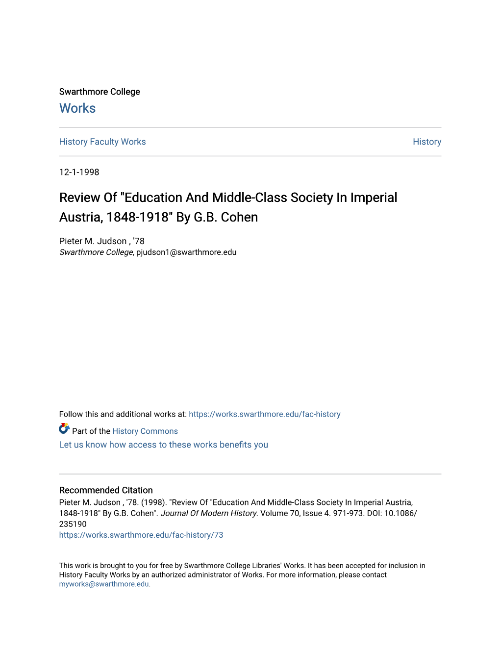 Education and Middle-Class Society in Imperial Austria, 1848-1918" by G.B