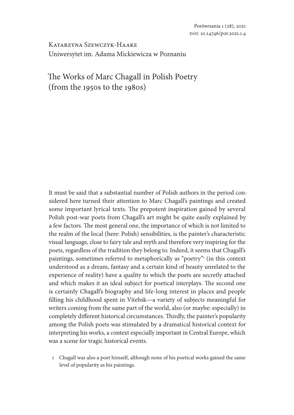 The Works of Marc Chagall in Polish Poetry (From the 1950S to the 1980S)