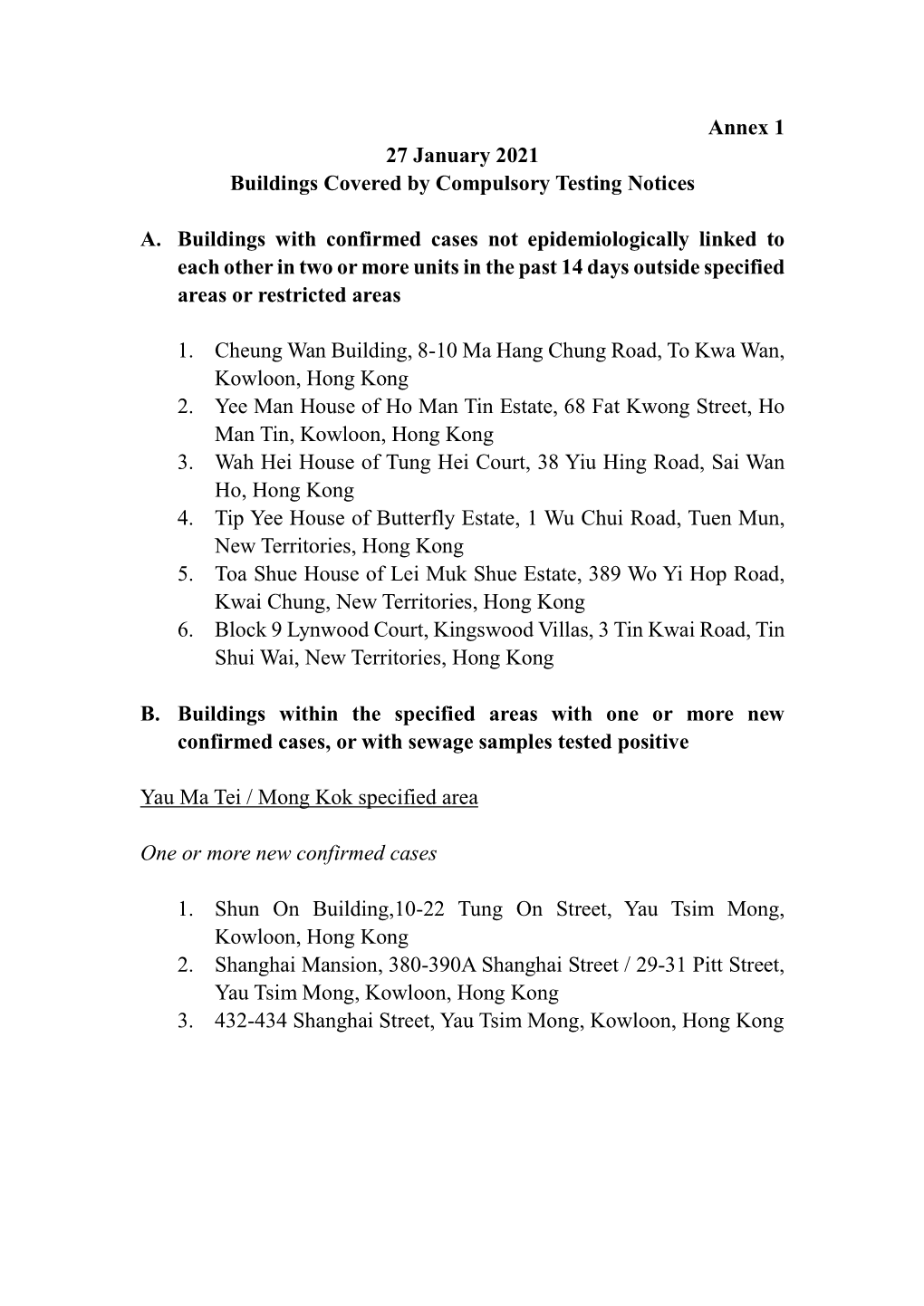 Annex 1 27 January 2021 Buildings Covered by Compulsory Testing Notices A. Buildings with Confirmed Cases Not Epidemiologically