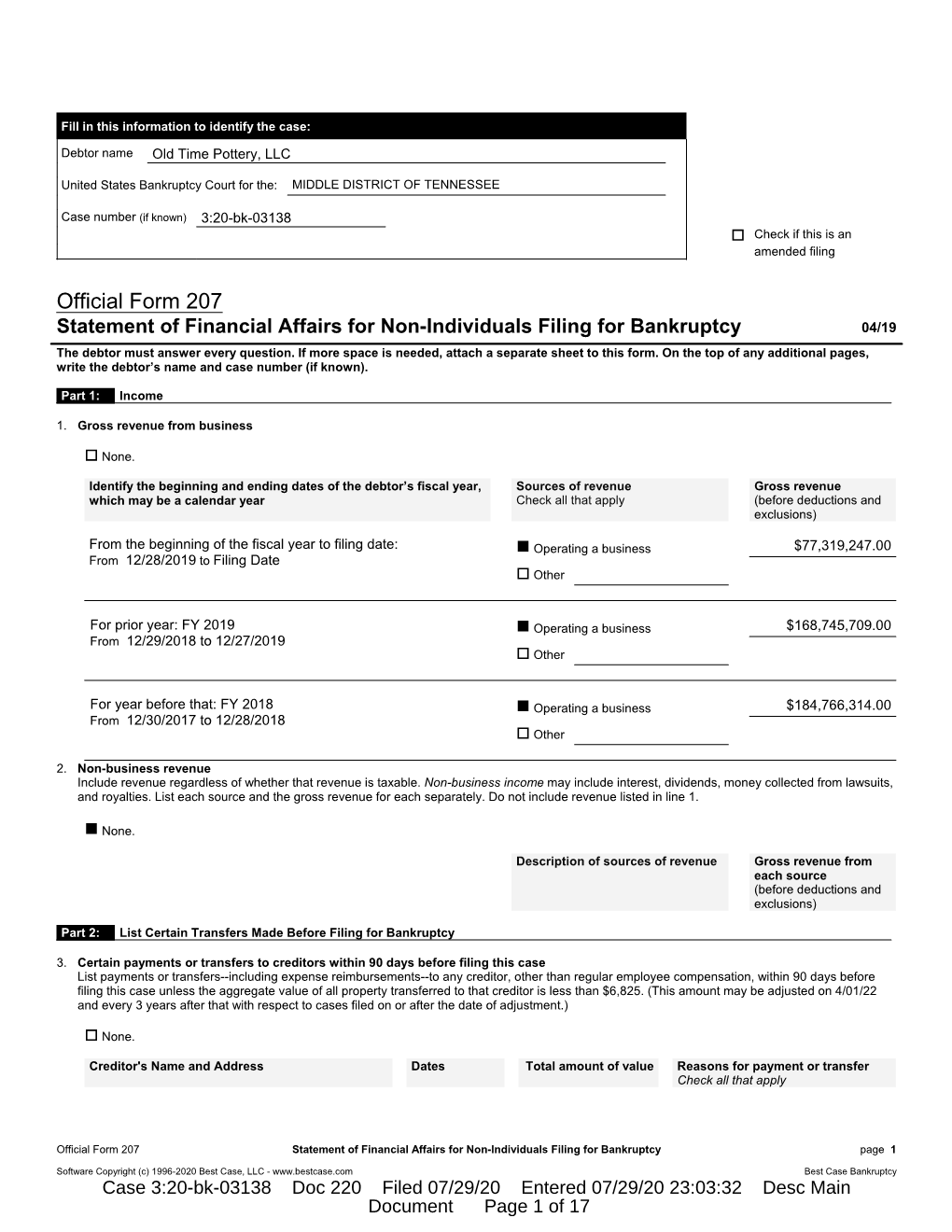 Debtor Old Time Pottery, LLC Case Number (If Known) 3:20-Bk-03138