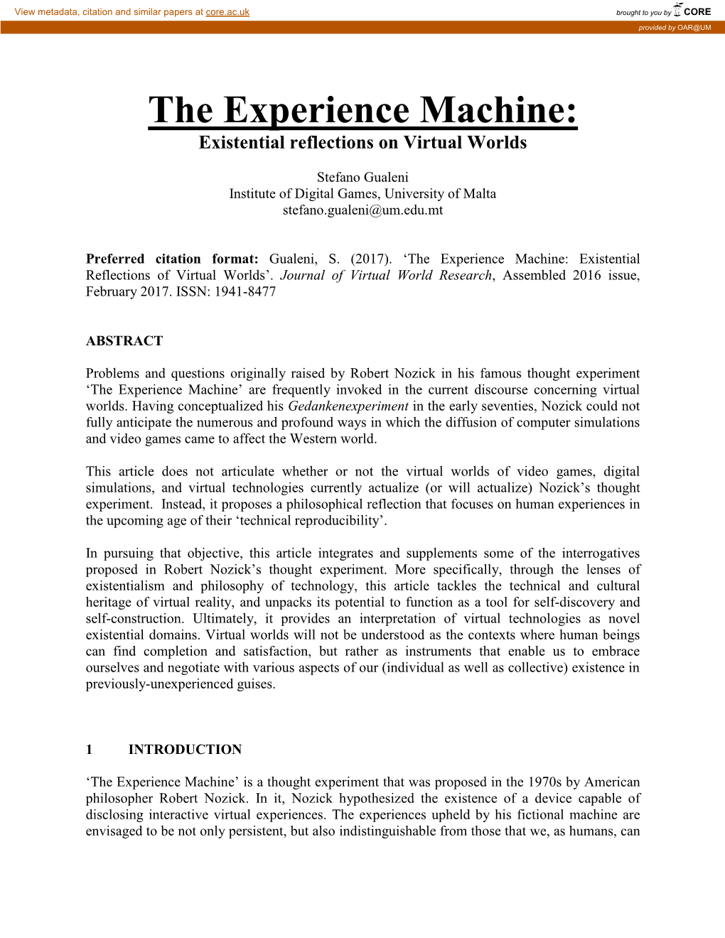 The Experience Machine: Existential Reflections on Virtual Worlds