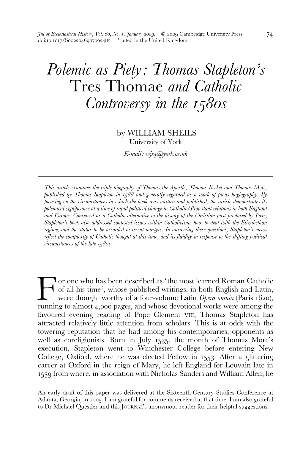 Thomas Stapleton's Tres Thomae and Catholic Controversy in the 1580S
