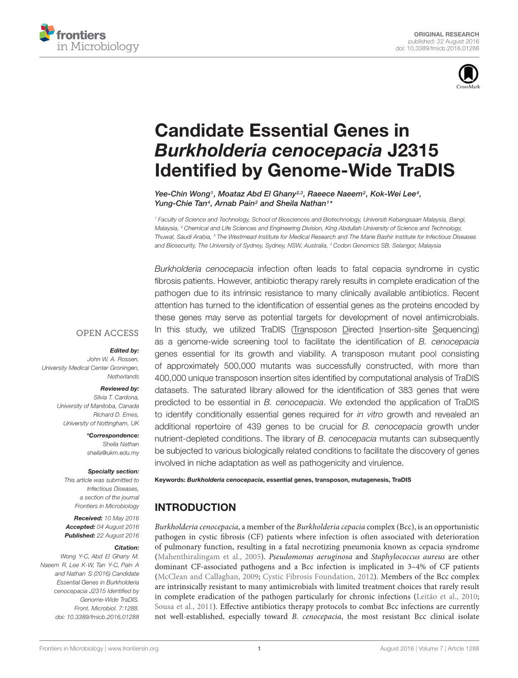 Candidate Essential Genes in Burkholderia Cenocepacia J2315 Identiﬁed by Genome-Wide Tradis