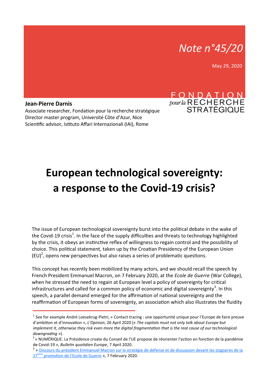 European Technological Sovereignty: a Response to the Covid-19 Crisis?