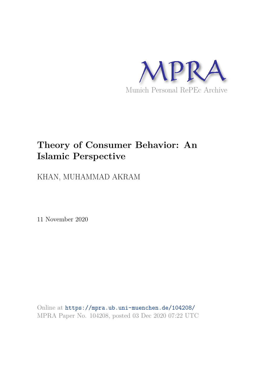 Theory of Consumer Behavior: an Islamic Perspective