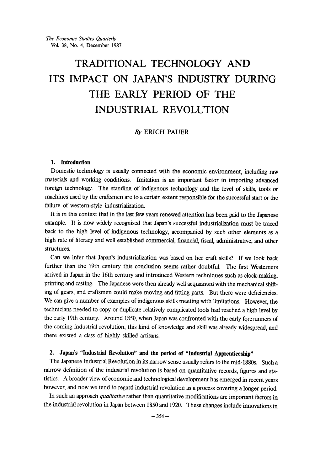 Traditional Technology and Its Impact on Japan's Industry During the Early Period of the Industrial Revolution