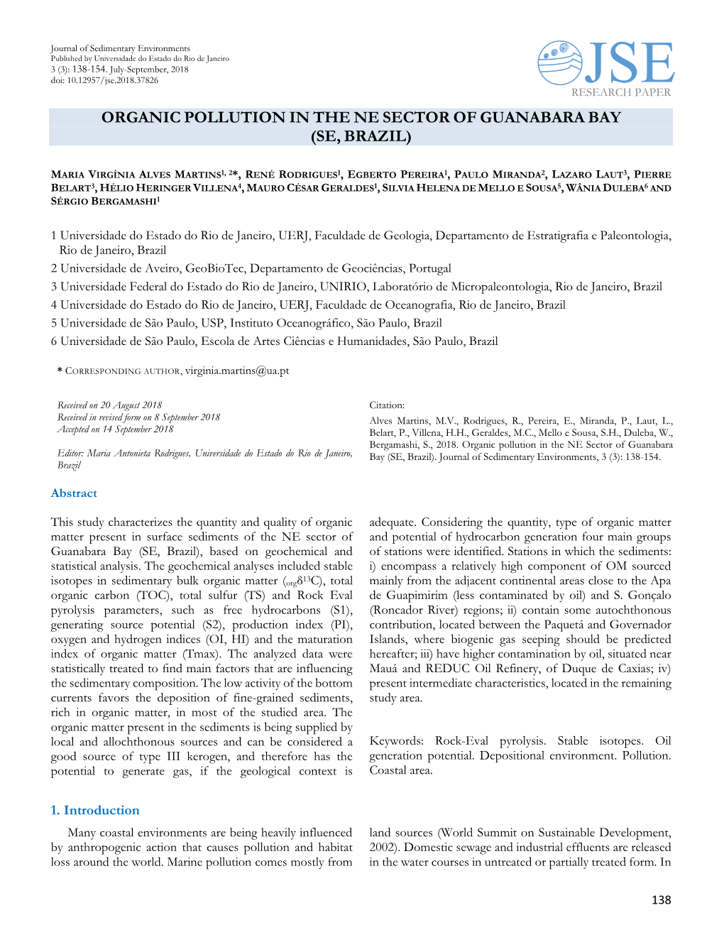 Organic Pollution in the Ne Sector of Guanabara Bay (Se, Brazil)