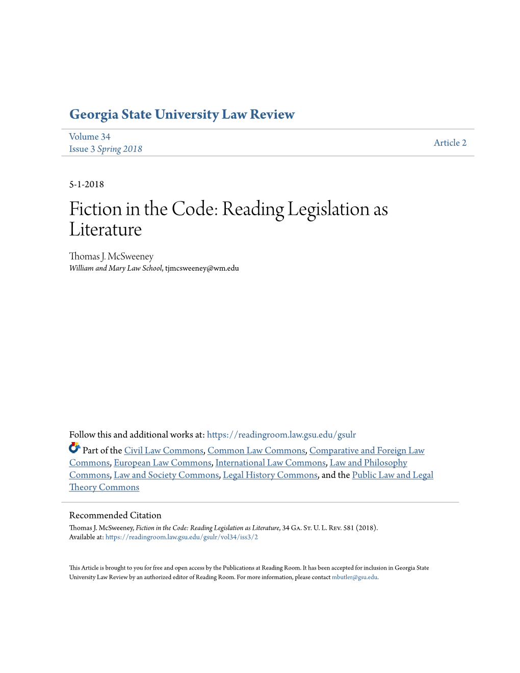 Fiction in the Code: Reading Legislation As Literature Thomas J