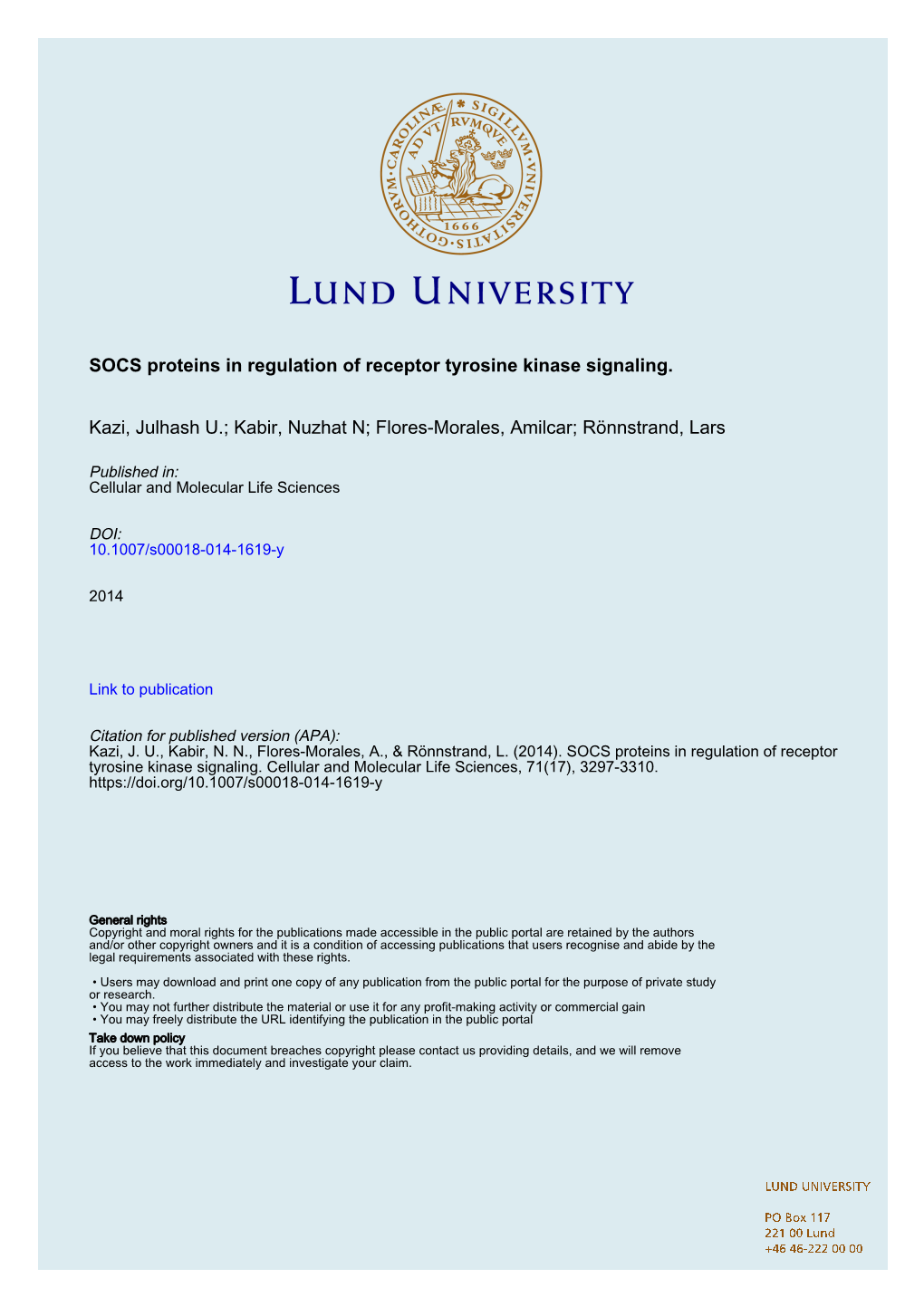 SOCS Proteins in Regulation of Receptor Tyrosine Kinase Signaling