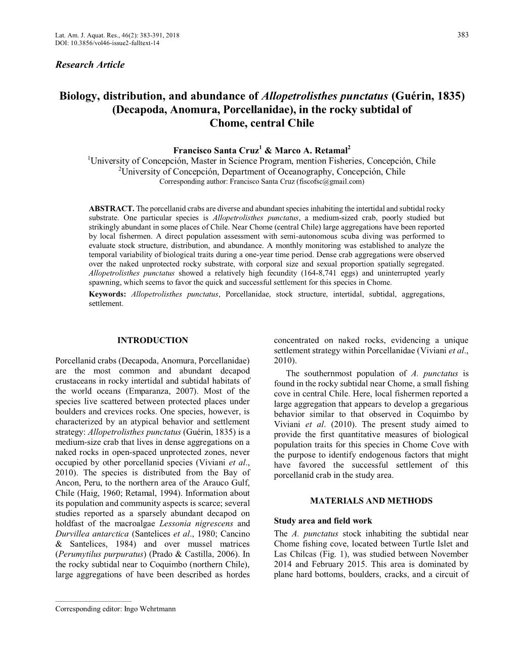 Biology, Distribution, and Abundance of Allopetrolisthes Punctatus (Guérin, 1835) (Decapoda, Anomura, Porcellanidae), in the Rocky Subtidal of Chome, Central Chile