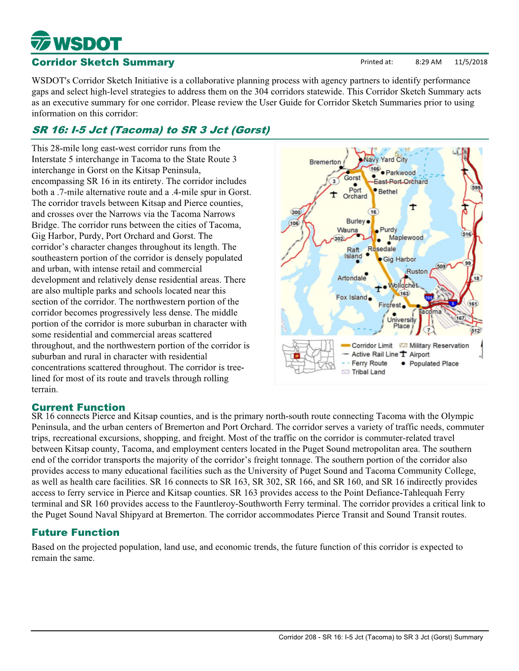 (Tacoma) to SR 3 Jct (Gorst) Corridor Sketch Summary