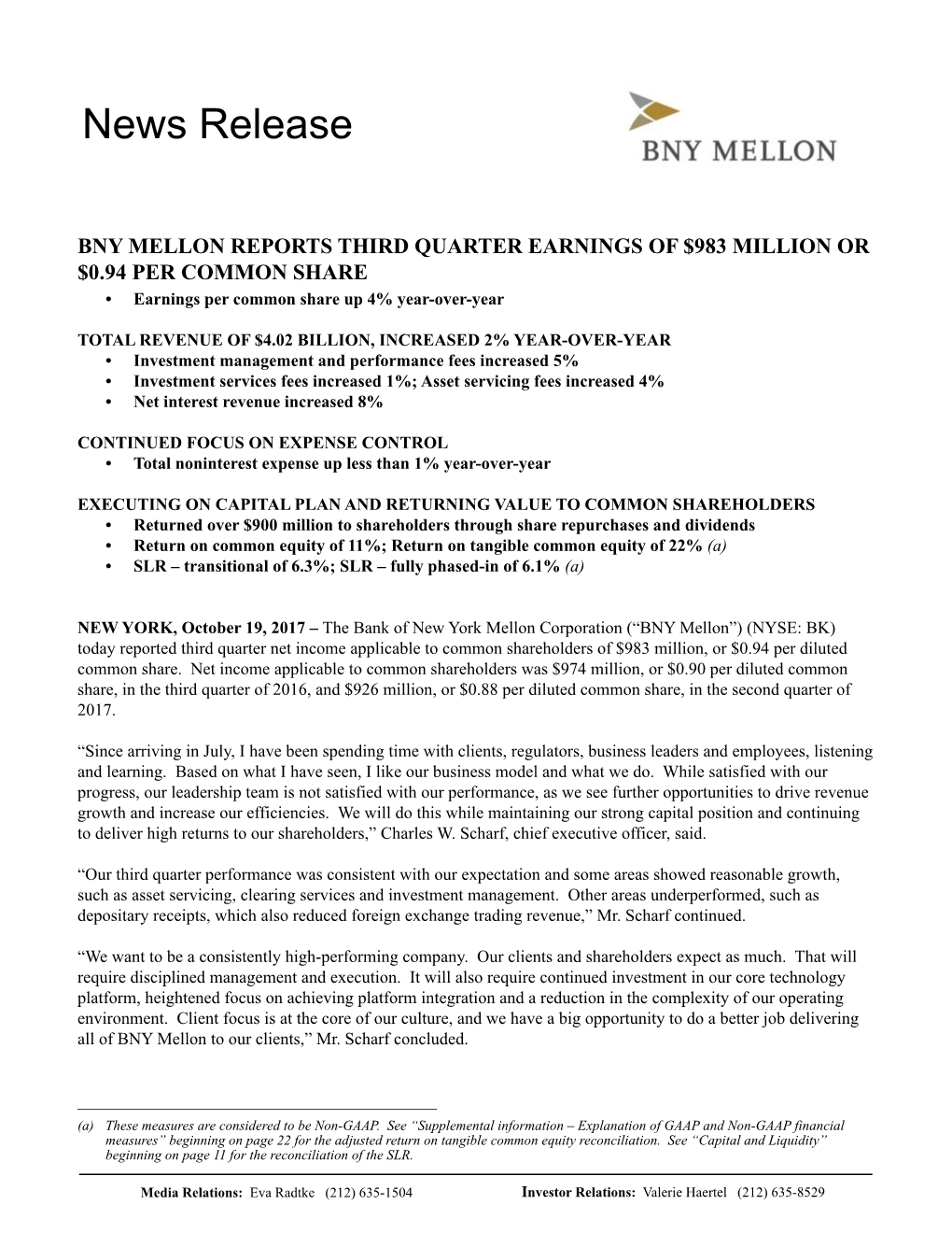 BNY Mellon Financial Results 3Q 2017 Press Release