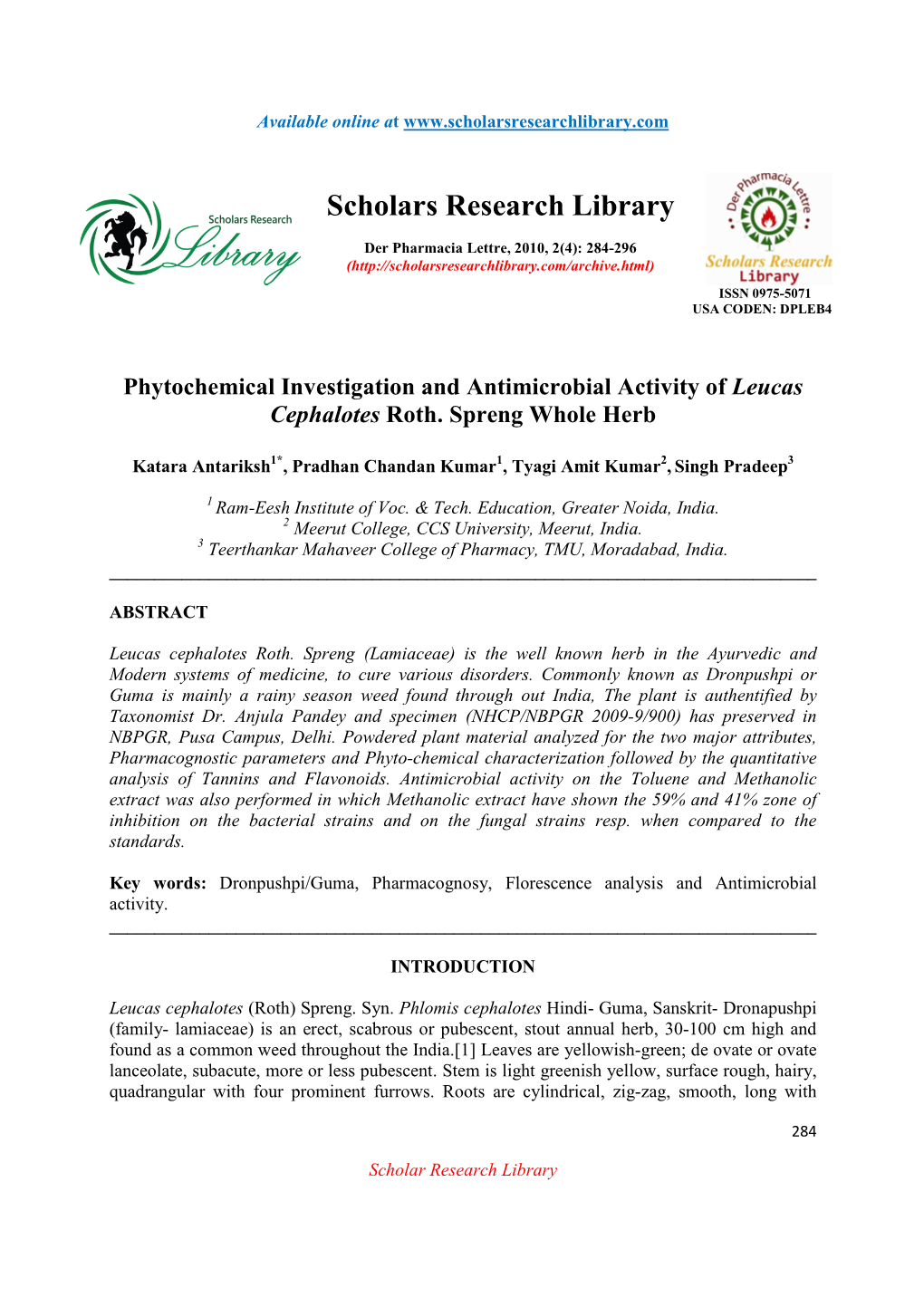 Phytochemical Investigation and Antimicrobial Activity of Leucas Cephalotes Roth. Spreng Whole Herb