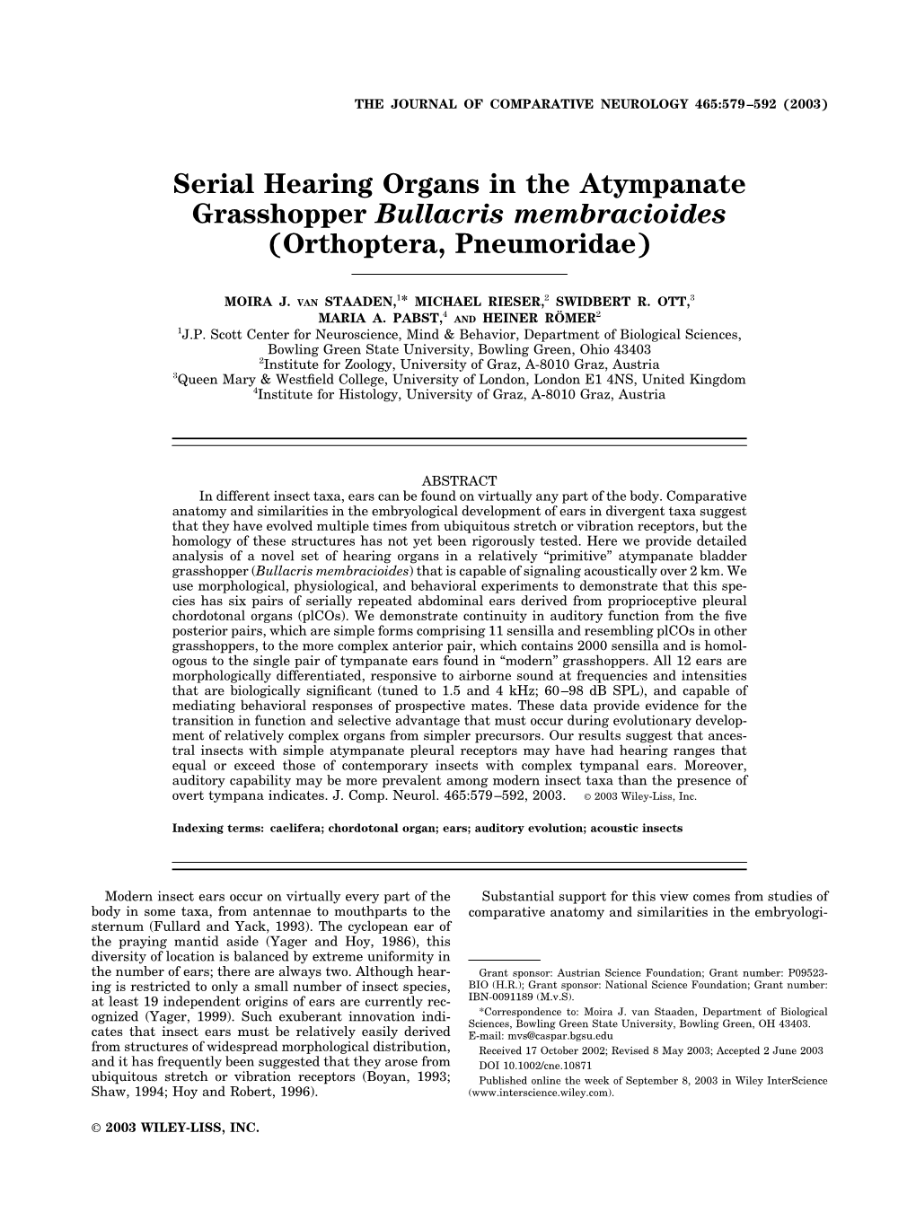 Serial Hearing Organs in the Atympanate Grasshopper Bullacris Membracioides (Orthoptera, Pneumoridae)