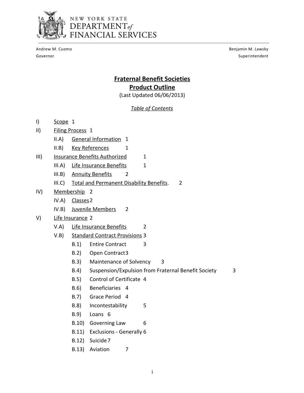 Fraternal Benefit Societies Product Outline - Last Updated 06/06/2013