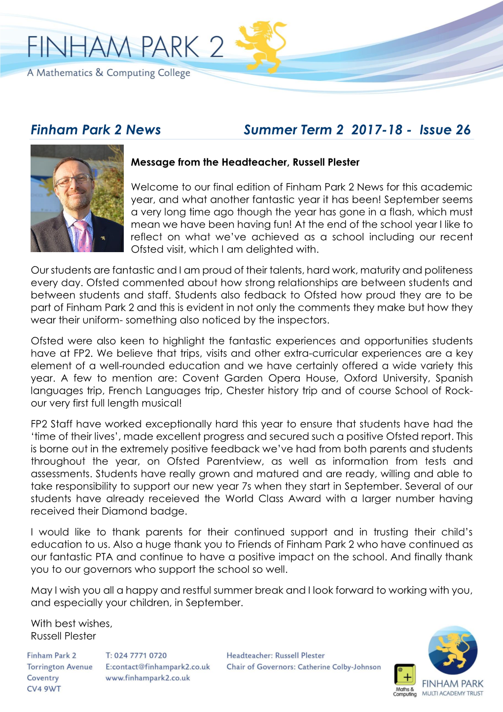 Finham Park 2 News Summer Term 2 2017-18 - Issue 26