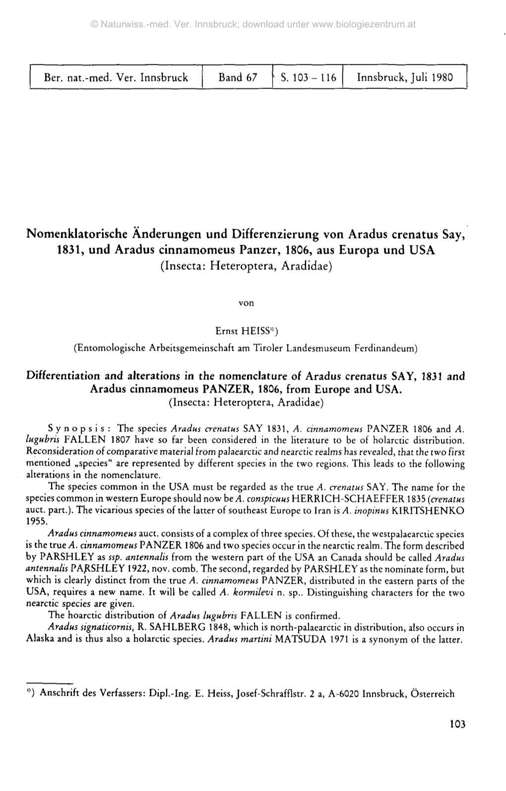 Nomenklatorische Änderungen Und Differenzierung Von Aradus