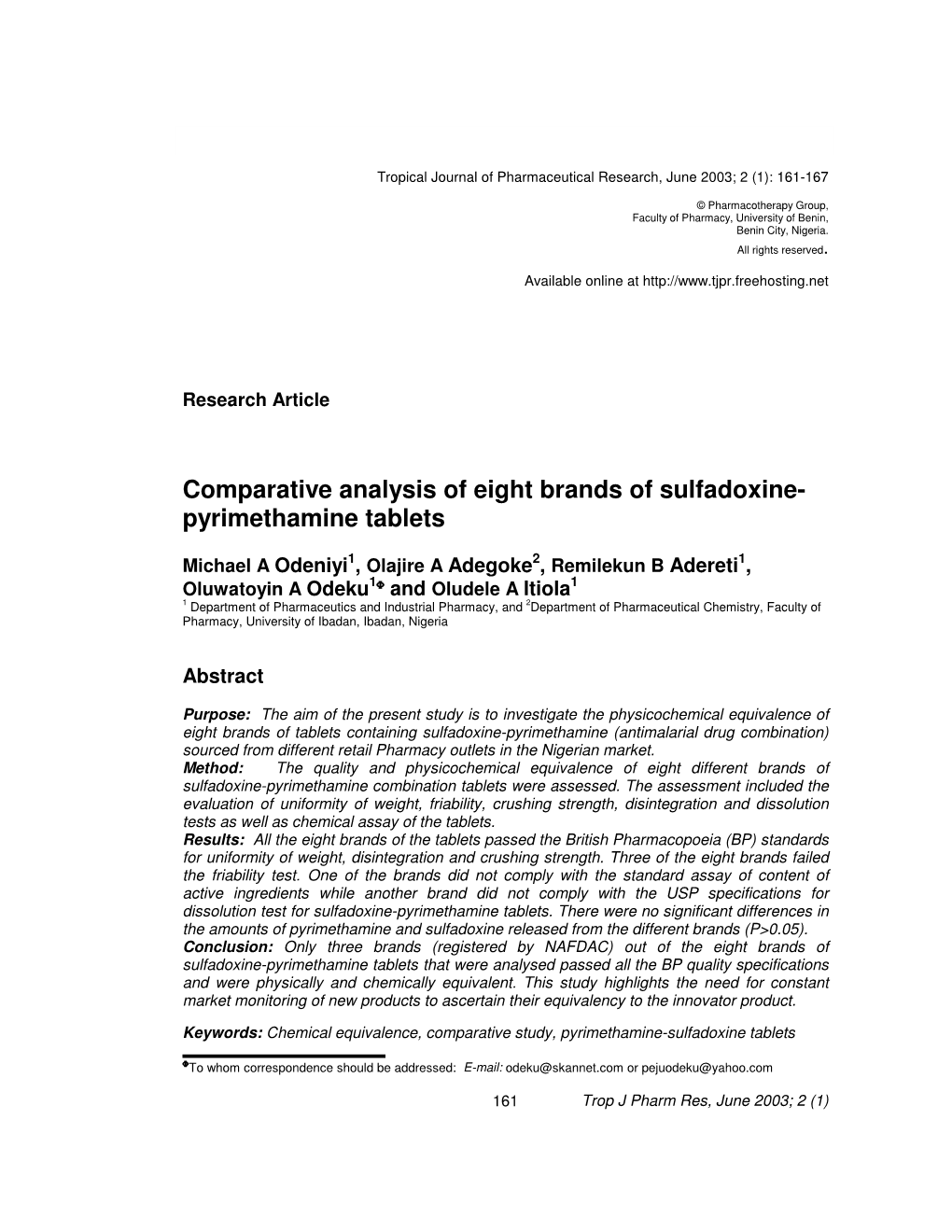 Comparative Analysis of Eight Brands of Sulfadoxine- Pyrimethamine Tablets