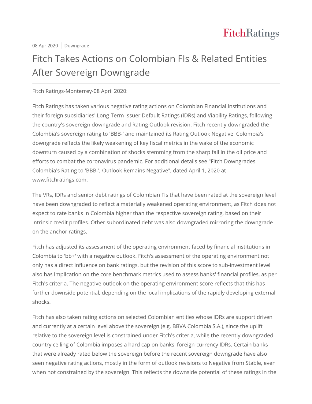 Fitch Takes Actions on Colombian Fis & Related Entities After Sovereign