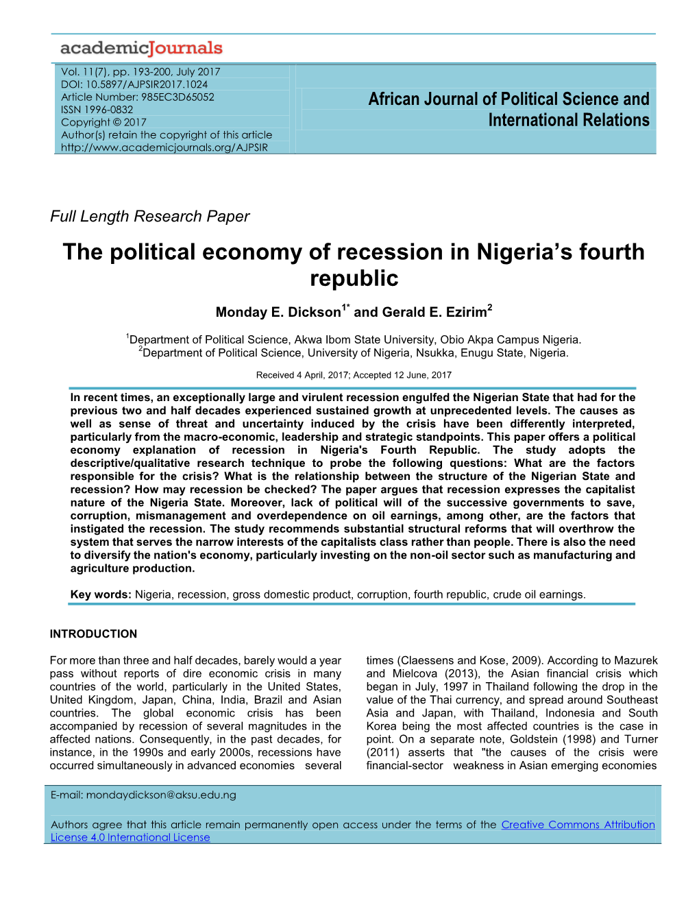 The Political Economy of Recession in Nigeria's Fourth Republic