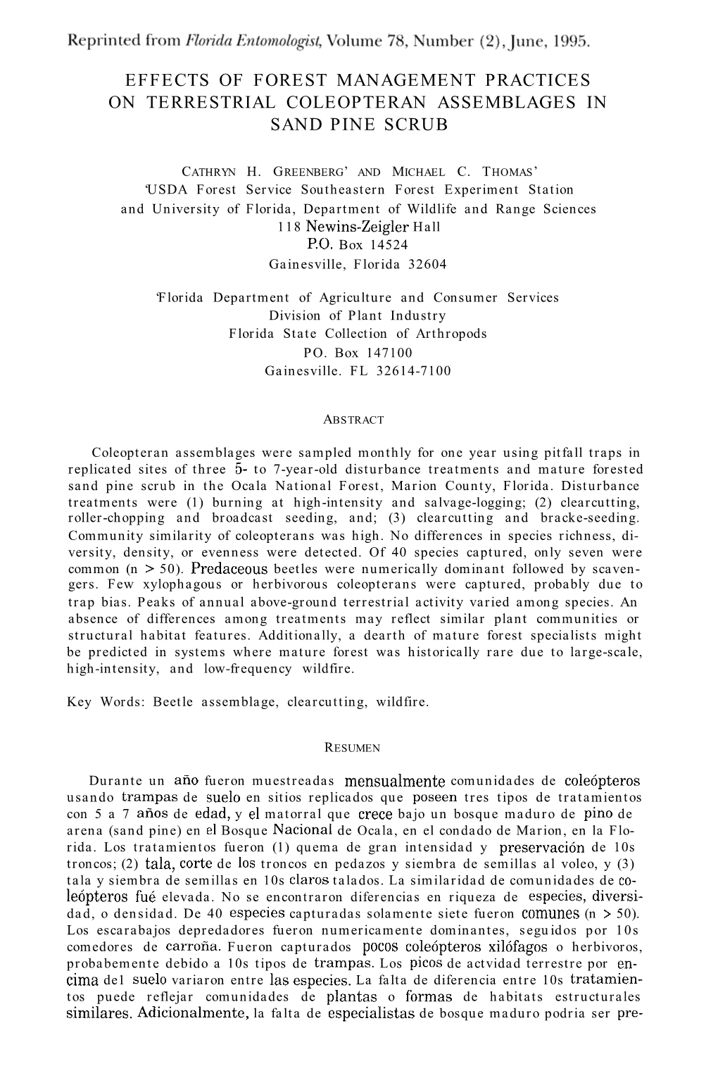 Effects of Forest Management Practices on Terrestrial Coleopteran Assemblages in Sand Pine Scrub