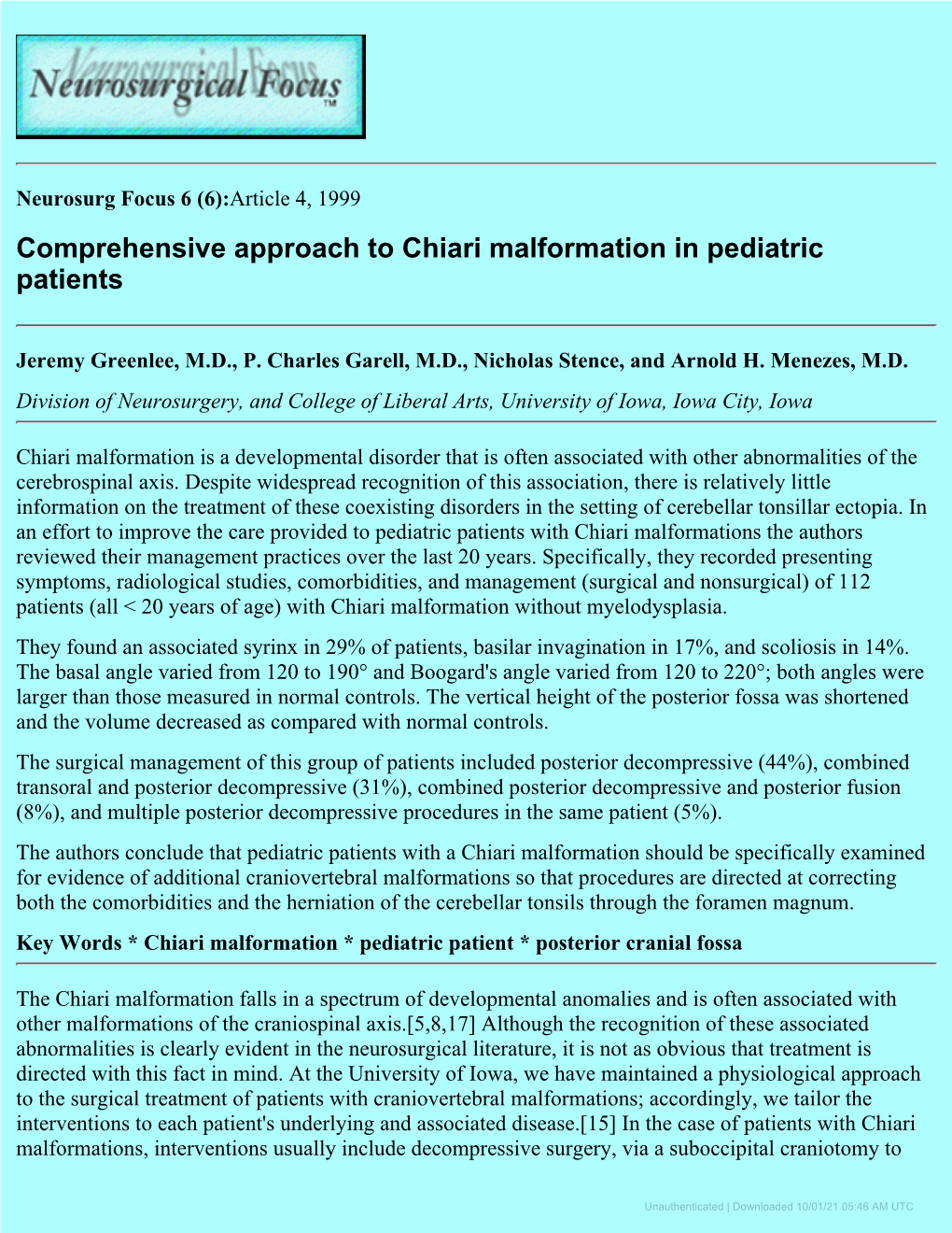 Comprehensive Approach to Chiari Malformation in Pediatric Patients