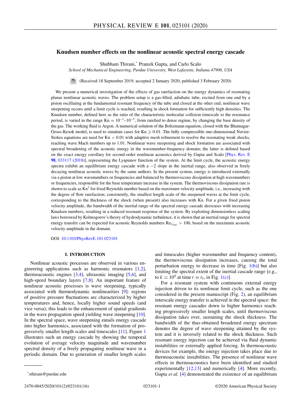 (2020) Knudsen Number Effects on the Nonlinear Acoustic Spectral Energy