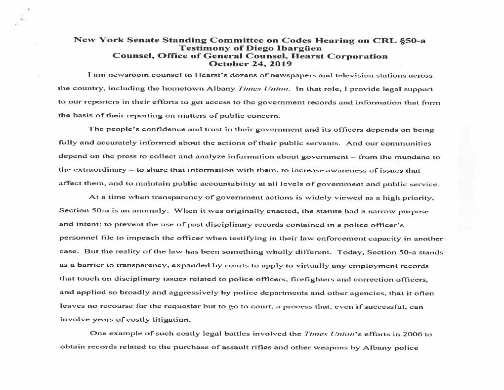 New York Senate Standing Committee on Codes Hearing on CRL §50-A Testimony of Diego Lbargflen Counsel, Office of General Counse