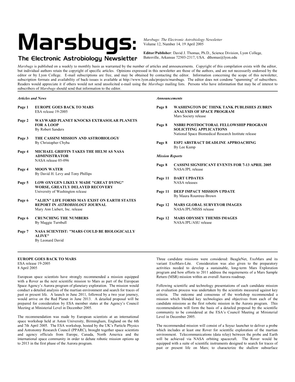 Marsbugs: the Electronic Astrobiology Newsletter , Volume 12, Number 14, 19 April 2005