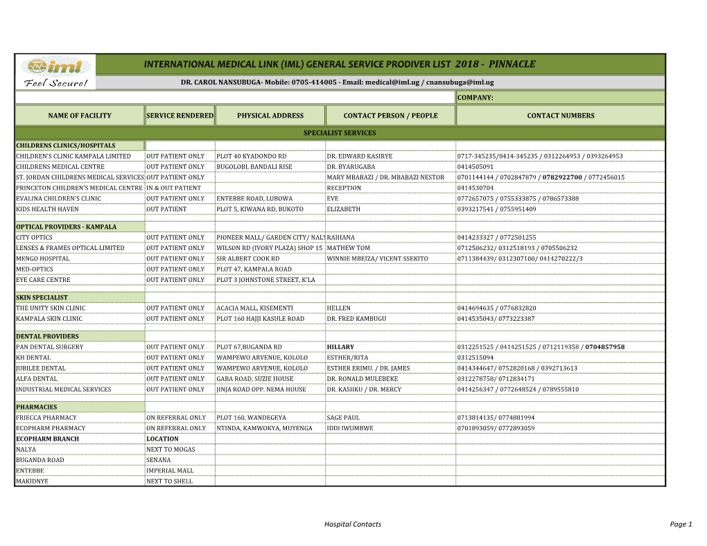 International Medical Link (Iml) General Service Prodiver List 2018 - Pinnacle
