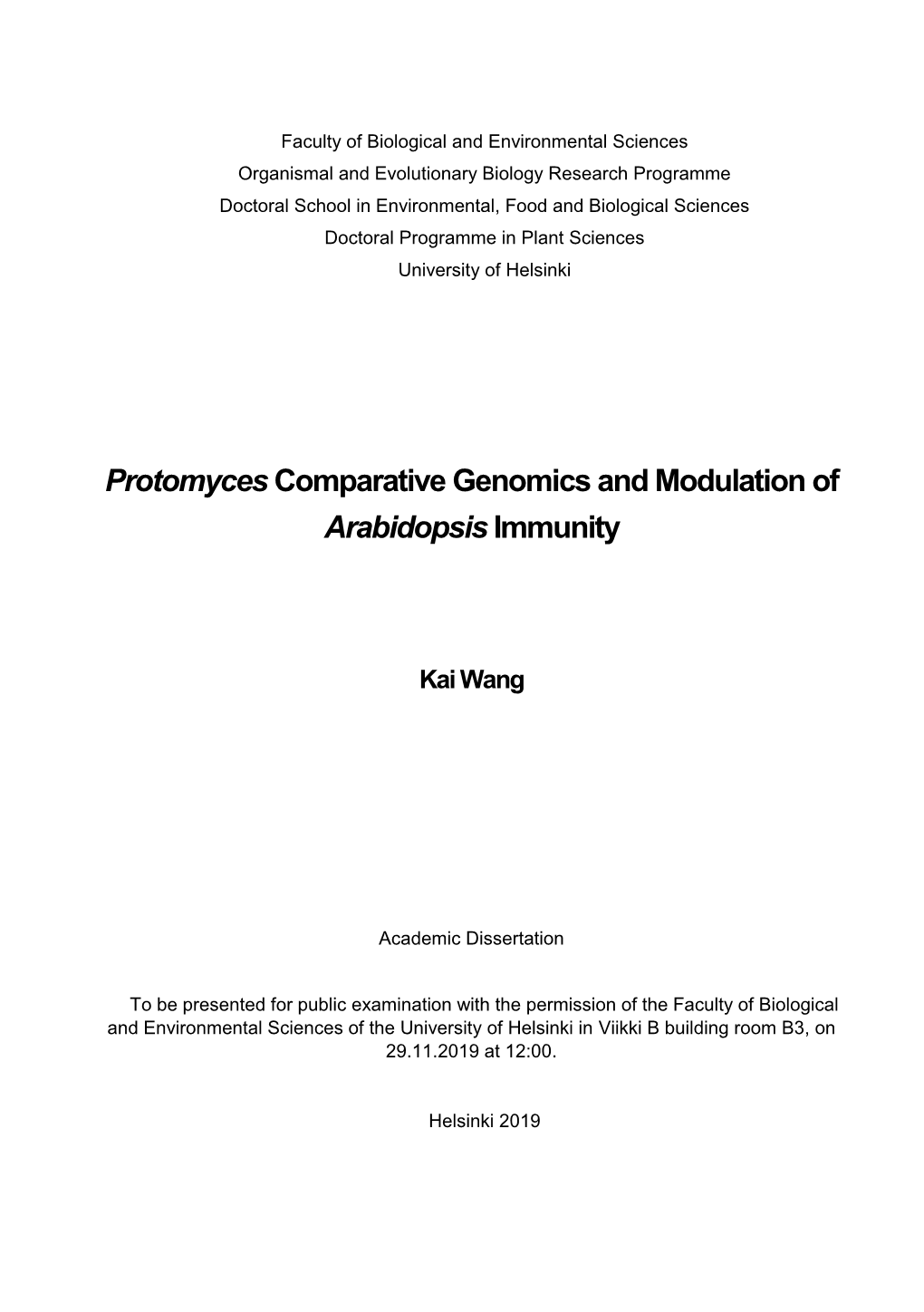 Protomyces Comparative Genomics and Modulation of Arabidopsis Immunity