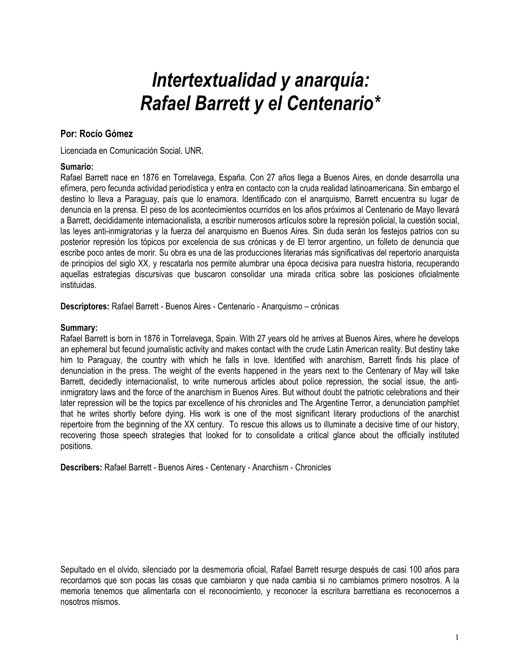 Intertextualidad Y Anarquía: Rafael Barrett Y El Centenario*