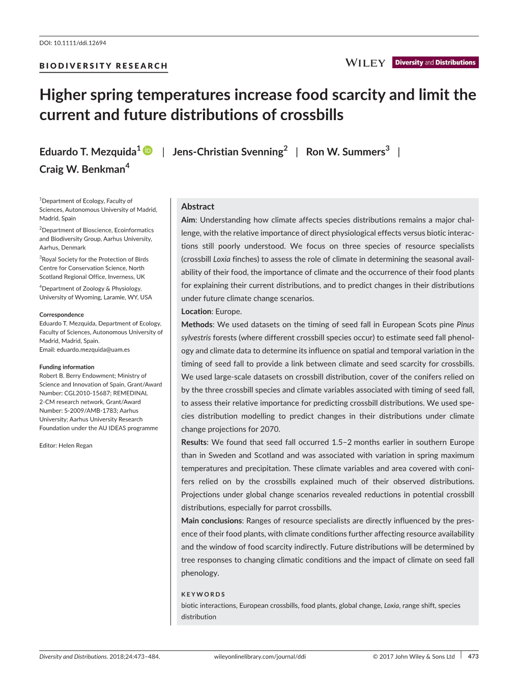 Higher Spring Temperatures Increase Food Scarcity and Limit the Current and Future Distributions of Crossbills