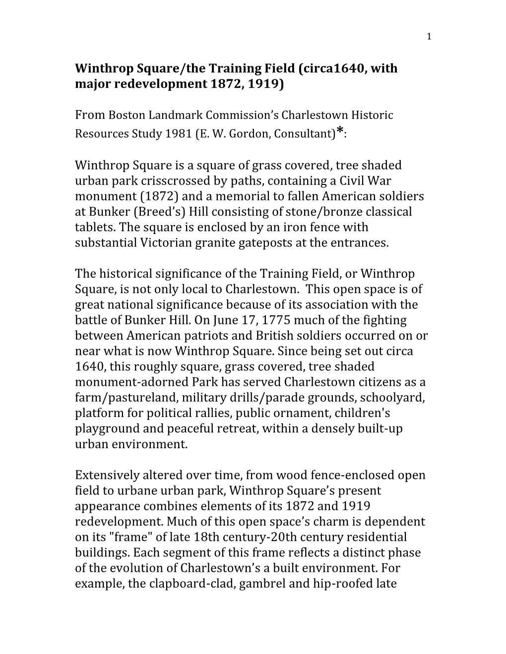 Winthrop Square/The Training Field (Circa1640, with Major Redevelopment 1872, 1919)