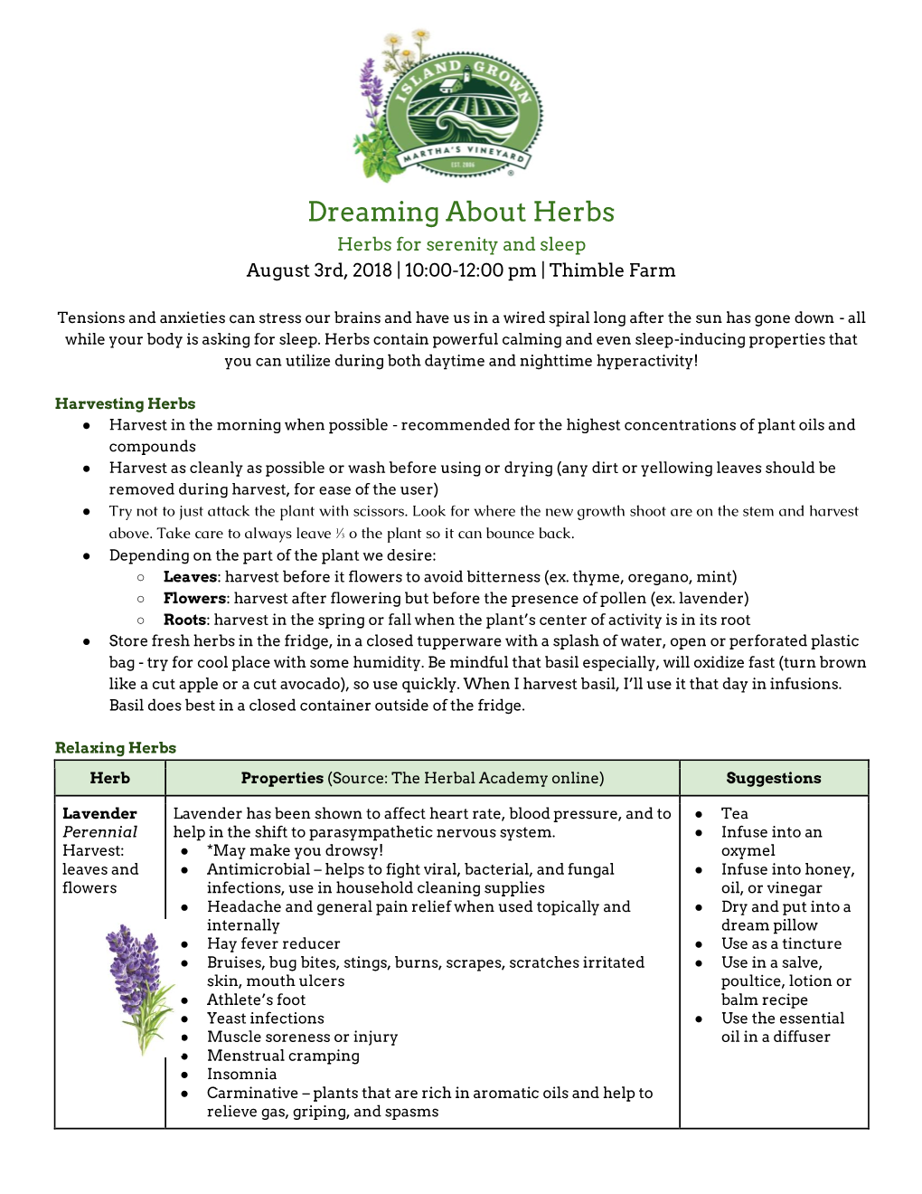 Dreaming About Herbs Herbs for Serenity and Sleep August 3Rd, 2018 | 10:00-12:00 Pm | Thimble Farm