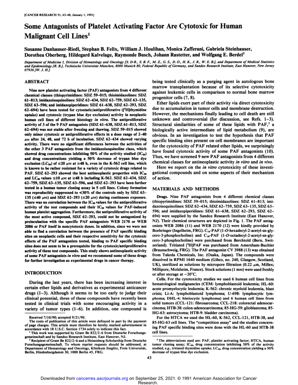 Some Antagonists of Platelet Activating Factor Are Cytotoxic for Human Malignant Cell Lines1