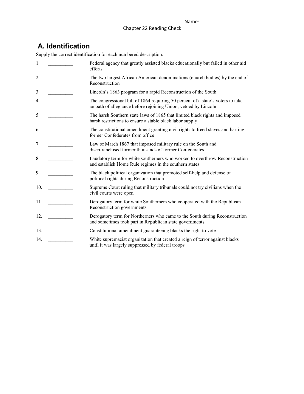 A. Identification Supply the Correct Identification for Each Numbered Description