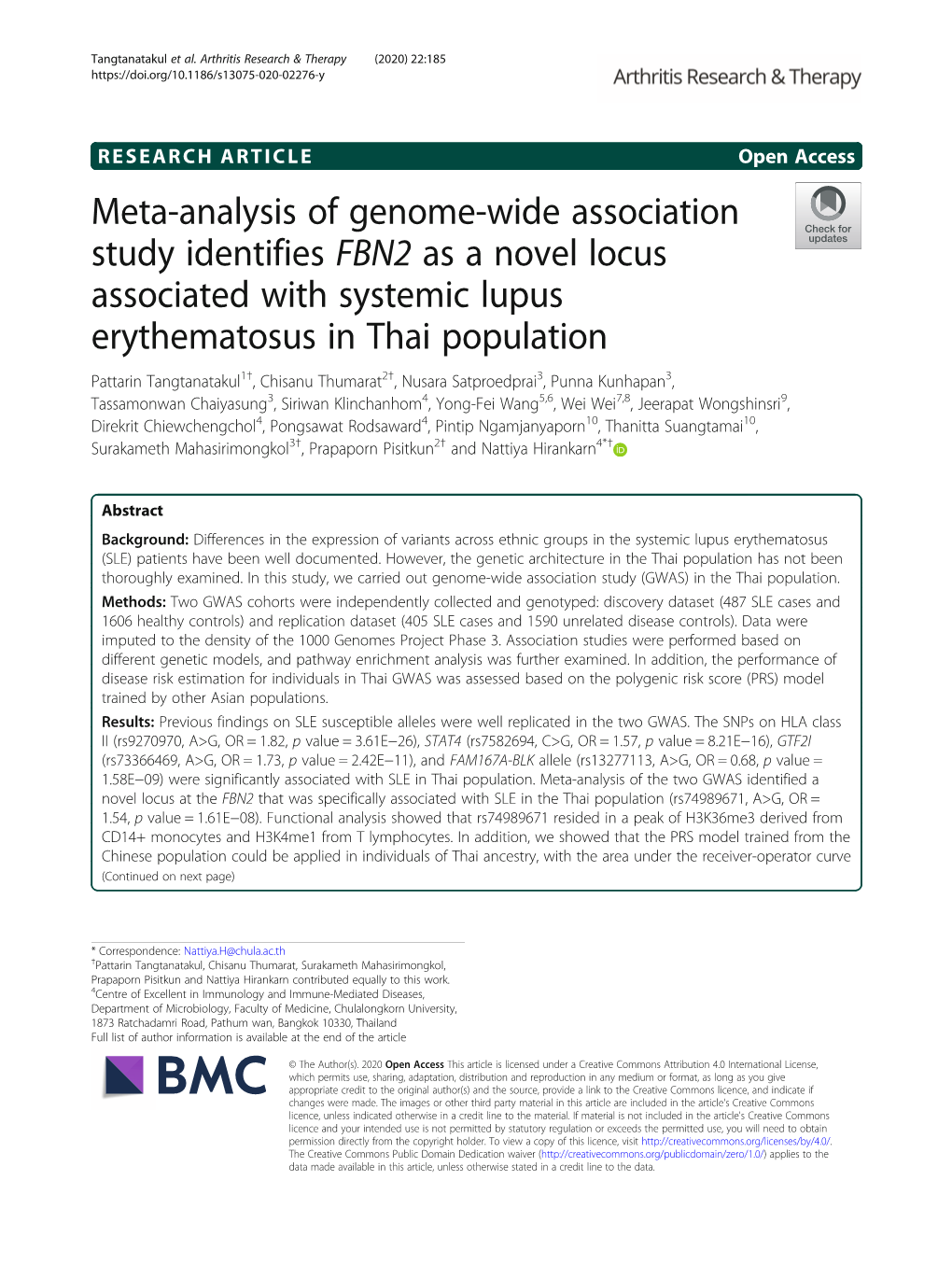 Meta-Analysis of Genome-Wide Association Study Identifies FBN2 As a Novel Locus Associated with Systemic Lupus Erythematosus In