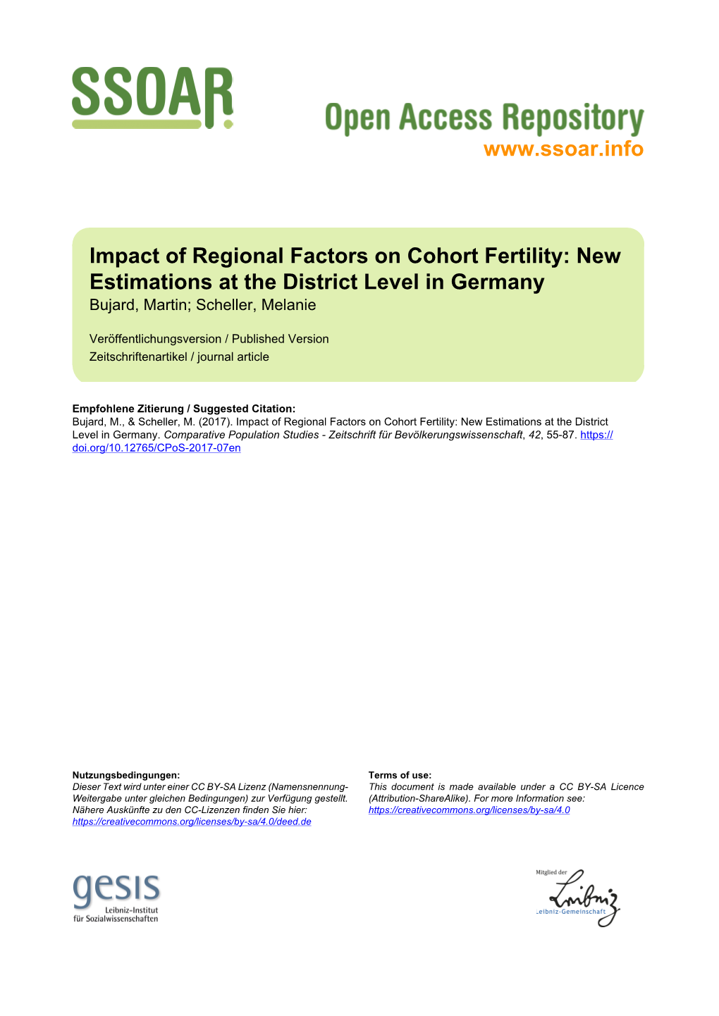 Impact of Regional Factors on Cohort Fertility: New Estimations at the District Level in Germany Bujard, Martin; Scheller, Melanie