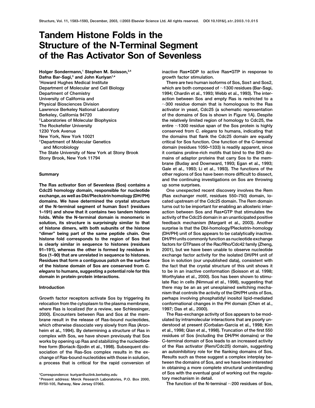 Tandem Histone Folds in the Structure of the N-Terminal Segment of the Ras Activator Son of Sevenless