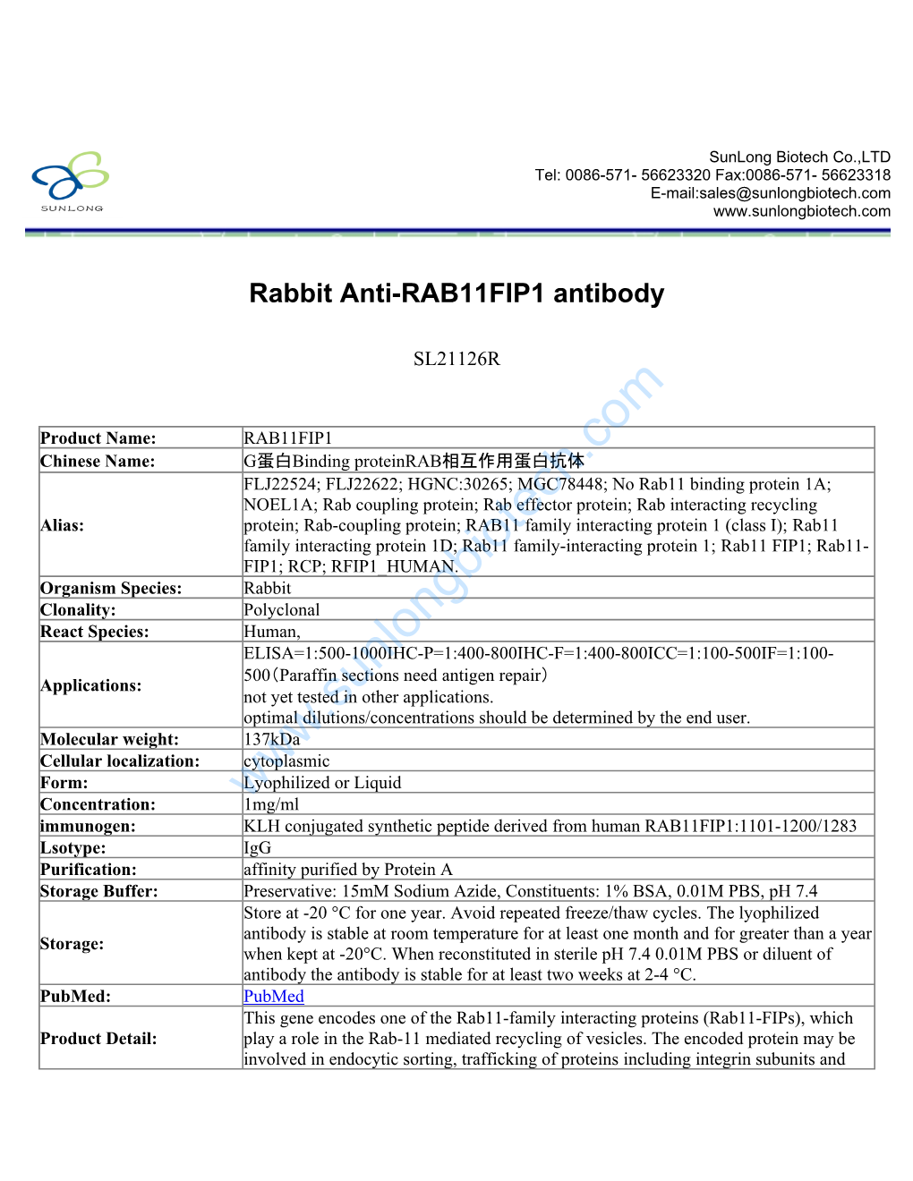 Rabbit Anti-RAB11FIP1 Antibody-SL21126R